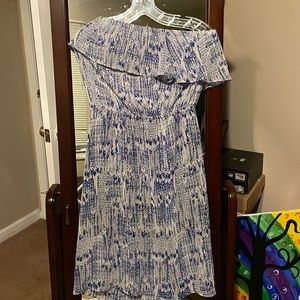 Blue and cream strapless sheer dress with slip attached